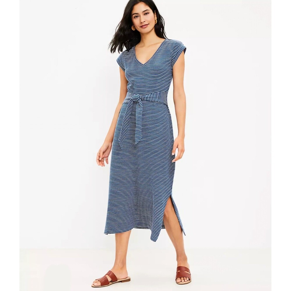 LOFT Blue & White Stripe Cap Sleeve Tie Waist Split Side Maxi Dress Size XL - Picture 1 of 11